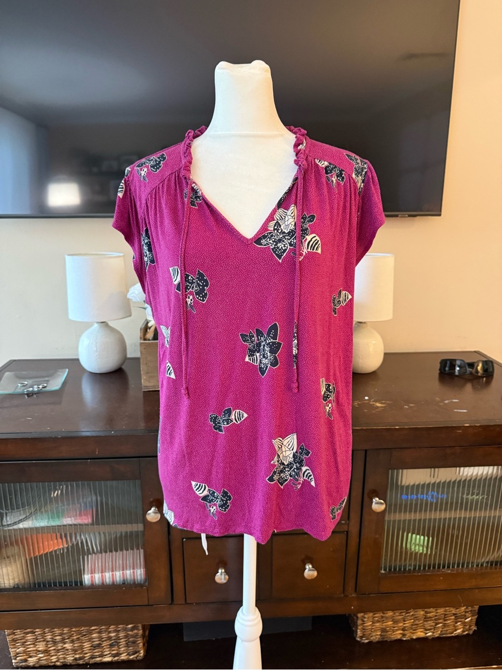 LOFT Magenta Floral Short-Sleeve V-Neck Blouse